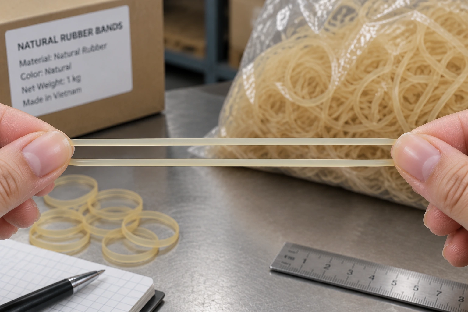 Close product detail of a natural latex rubber band for specification review