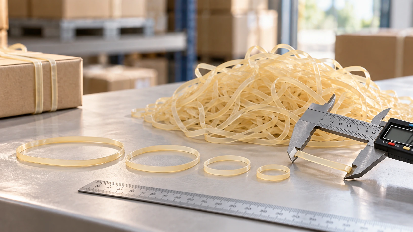 Natural rubber bands displayed for product sizing and material evaluation