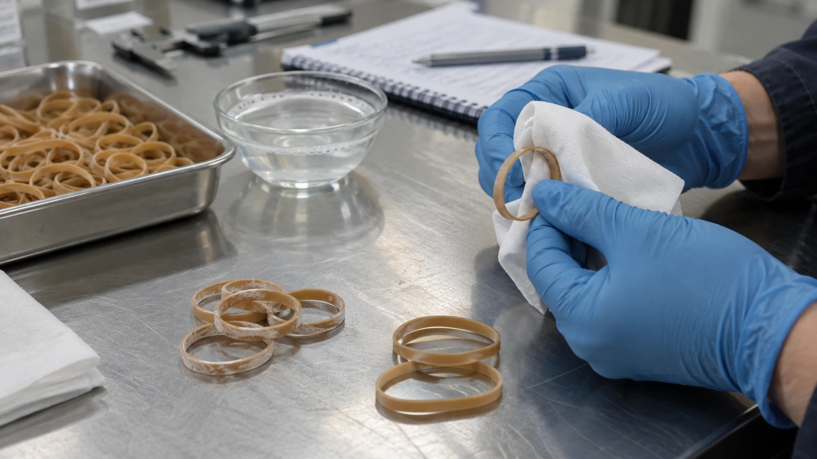 Gloved inspector wiping a rubber band during a surface residue check