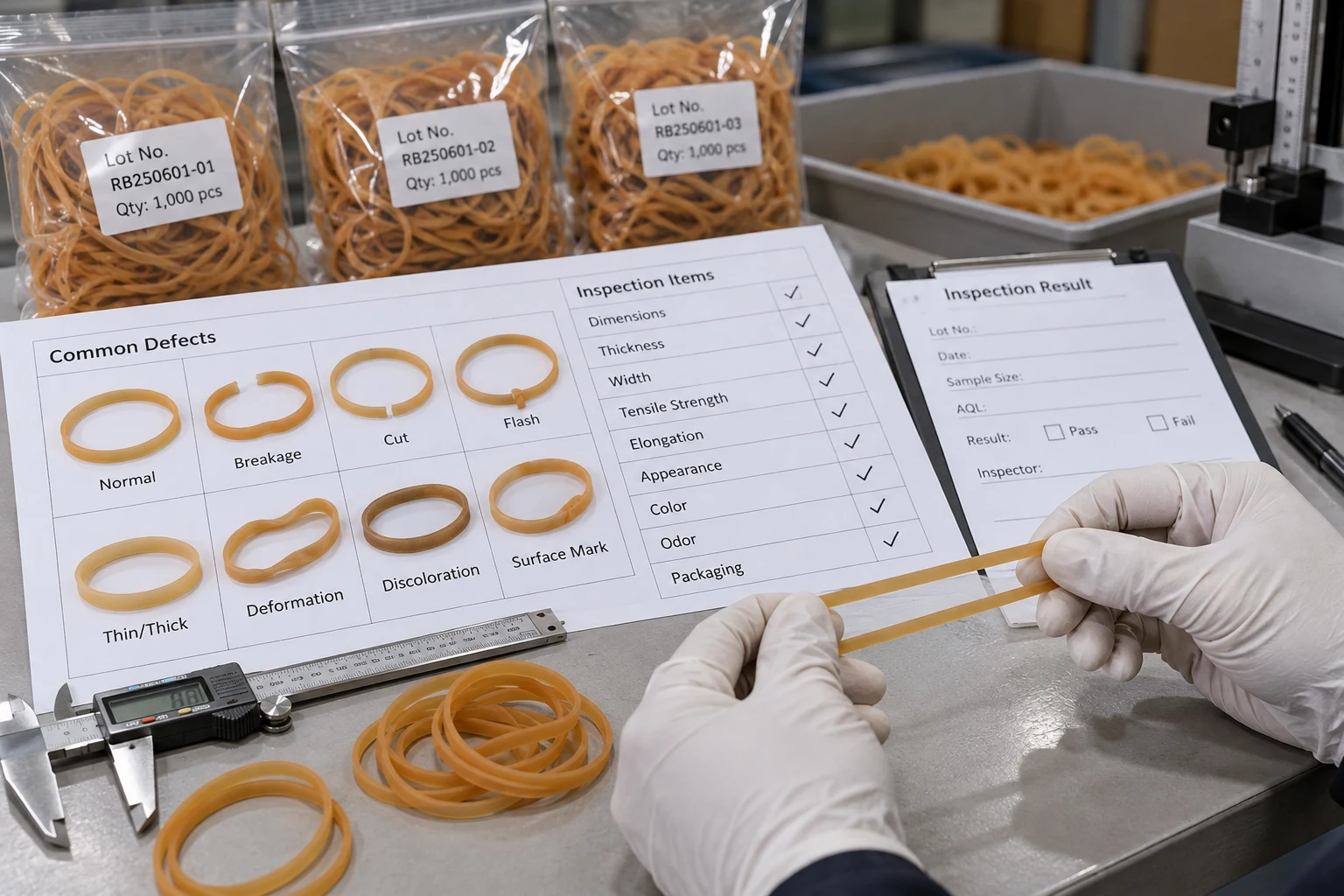 Rubber band stretch test with common defect samples and an AQL inspection record