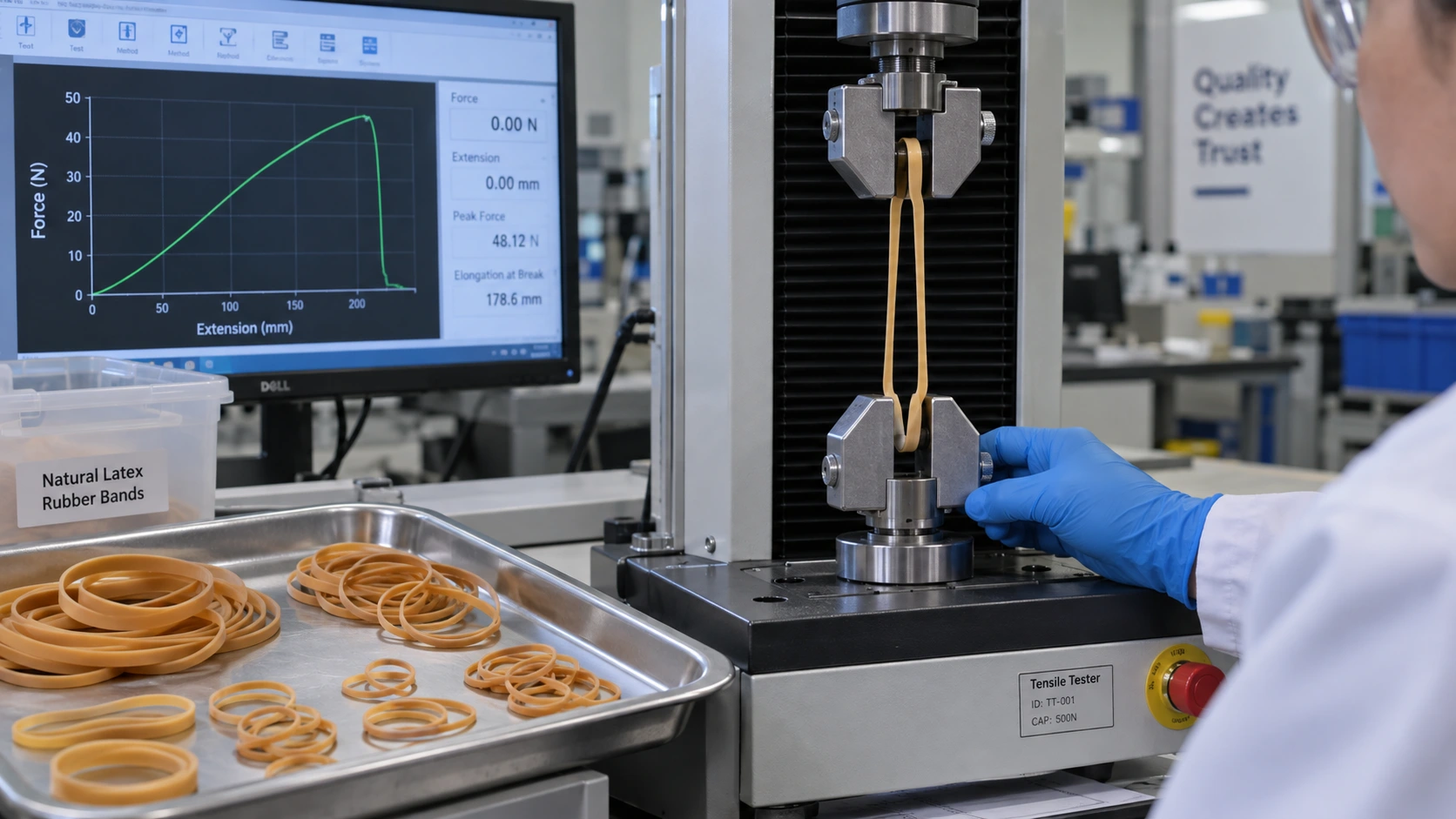 Rubber band tensile strength test on a laboratory tensile tester
