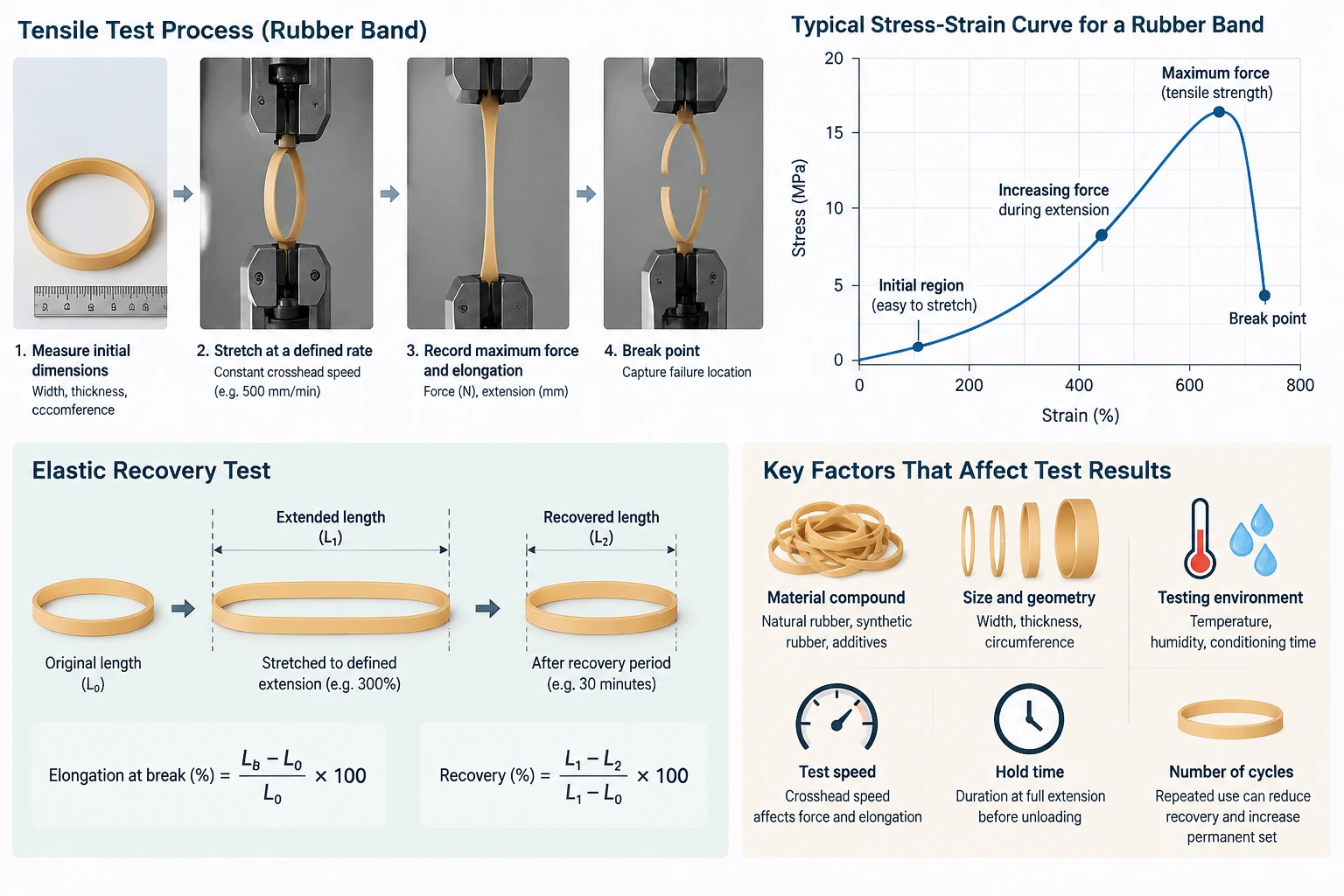 Rubber band tensile testing process, stress-strain curve, and elastic recovery measurement