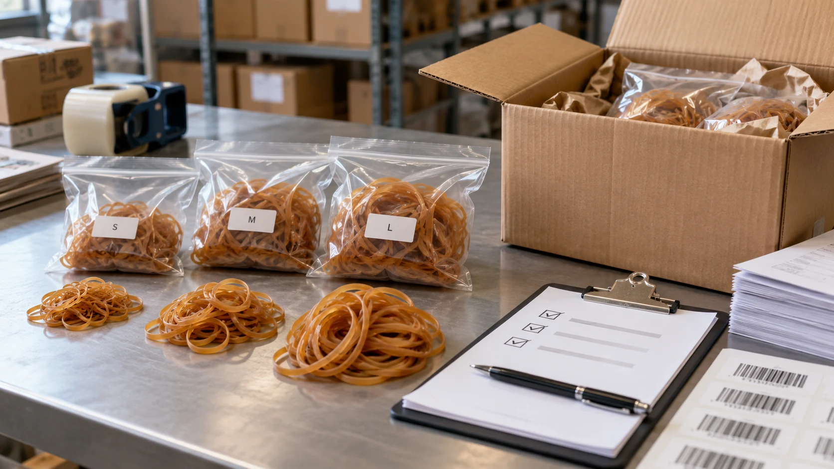 Size-labeled rubber bands prepared for packaging and shipment