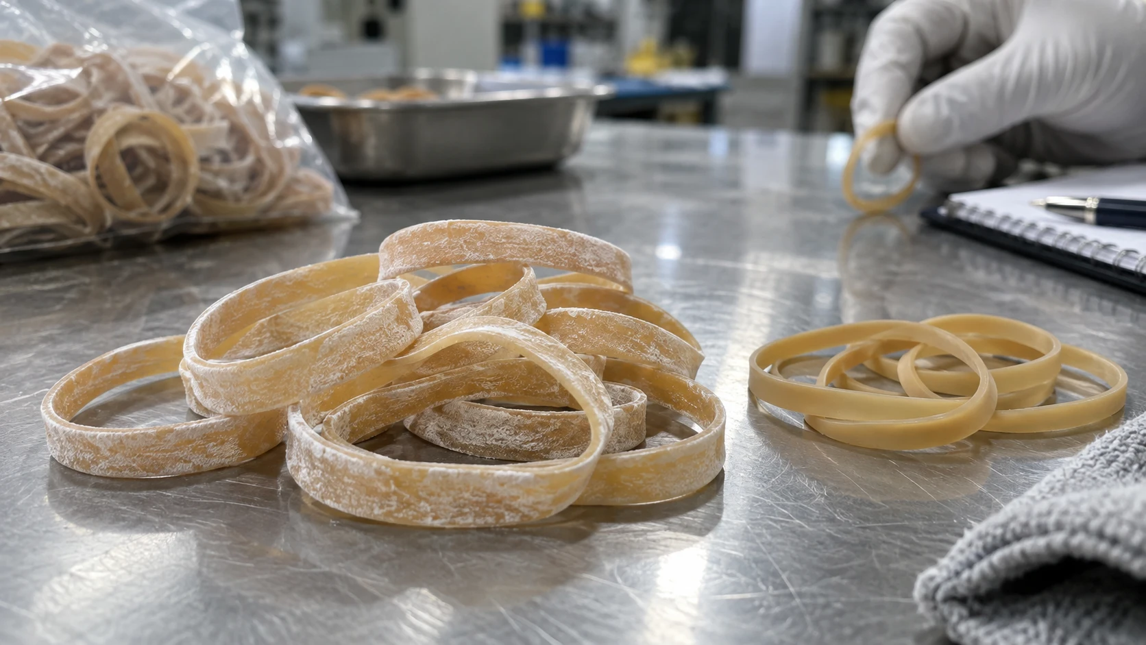 White powdery bloom on rubber bands beside clean comparison samples